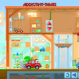 Colorful toy car garage with playful vehicles and cheerful characters.