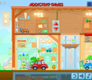 Colorful toy car garage with playful vehicles and cheerful characters.