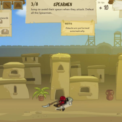 Spear throwing game with cartoon warrior characters on desert city background.