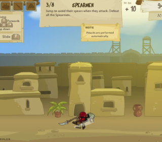 Spear throwing game with cartoon warrior characters on desert city background.