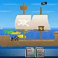 Pirate ship themed mini-game with pirates and cannons at sea.