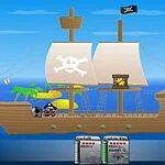 Pirate ship themed mini-game with pirates and cannons at sea.