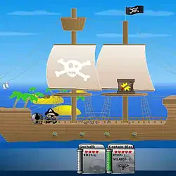 Pirate ship themed mini-game with pirates and cannons at sea.