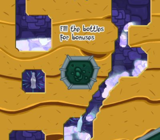 Colorful water-themed puzzle game scene with bottles and bonuses.