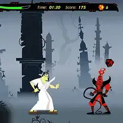 Skateboarder fighting a demon in a spooky graveyard scene.