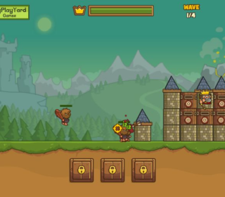 Colorful castle defense game with cartoon characters and explosive battles.