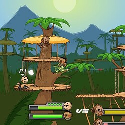 Colorful jungle treehouse game with fighting characters and action elements.