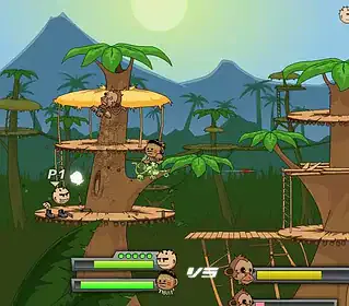Explosive Monkey Island game scene with characters on treetops and jungle background.
