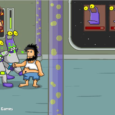 Alien characters confronting a caveman in a futuristic spaceship scene.