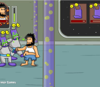 Alien characters confronting a caveman in a futuristic spaceship scene.