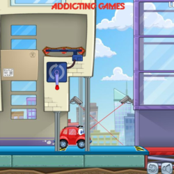 Cute red cartoon car navigating an urban puzzle game environment.