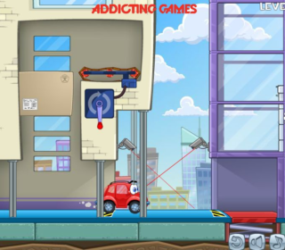Cute red cartoon car navigating an urban puzzle game environment.