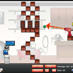 Colorful indoor game scene with a character shooting a cannon to hit a green ball, set in a playful, household environment.