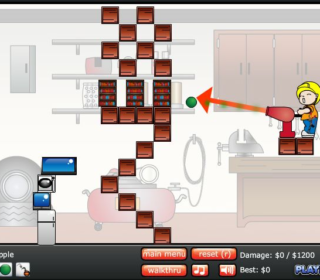 Colorful indoor game scene with a character shooting a cannon to hit a green ball, set in a playful, household environment.