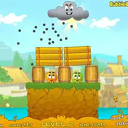 Bubble shooter game with animated characters breaking barrels and clearing bubbles.