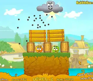 Bubble shooter game with animated characters breaking barrels and clearing bubbles.