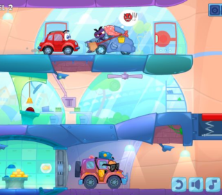 Cute cartoon car rescue game scene with angry cat blocking the road.