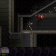 Explosive firefight: pixelated sci-fi action game with robot combat and shooting.