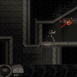 Alt text: Classic Metal Gear Solid game scene featuring snake shooting enemies in pixel art style.