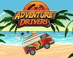 Bright tropical beach with a cartoon adventure driver van in an action-packed scene.
