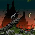 Mystical fantasy forest scene with a unicorn and flying owl at sunset.