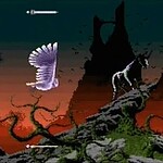 Mystical fantasy forest scene with a unicorn and flying owl at sunset.