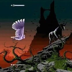 Mystical fantasy forest scene with a unicorn and flying owl at sunset.