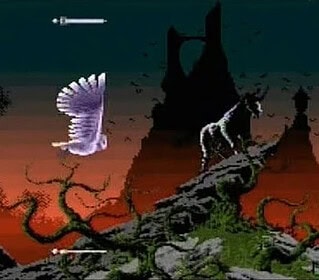 Mystical fantasy forest scene with a unicorn and flying owl at sunset.