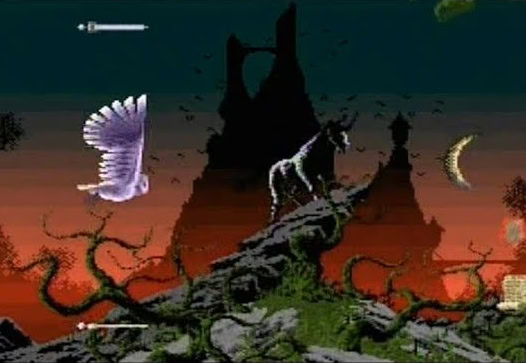 Mystical fantasy forest scene with a unicorn and flying owl at sunset.