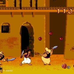Classic Ali Baba's Treasure game screenshots showing sword-wielding characters in a desert setting.
