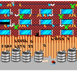 Dog on a balcony with birds in a pixel art style, reflecting a classic arcade game scene.