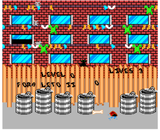 Dog on a balcony with birds in a pixel art style, reflecting a classic arcade game scene.