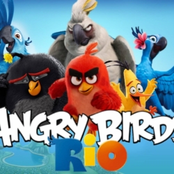 Colorful Angry Birds Rio characters with the famous Christ the Redeemer statue in the background, promoting the popular game.