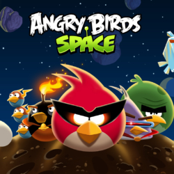 Red bird wearing sunglasses in space with angry birds characters and celestial background.
