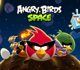 Red bird wearing sunglasses in space with angry birds characters and celestial background.