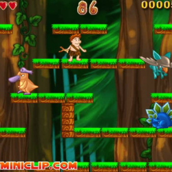 Cute jungle adventure game with characters and obstacles.