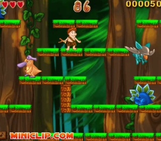 Cute jungle adventure game with characters and obstacles.