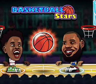 2D Basketball Stars multiplayer game with cartoon characters scoring points on the court.