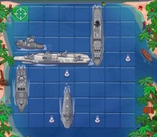 Submarine and naval ships puzzle game with strategic placement on water grid.