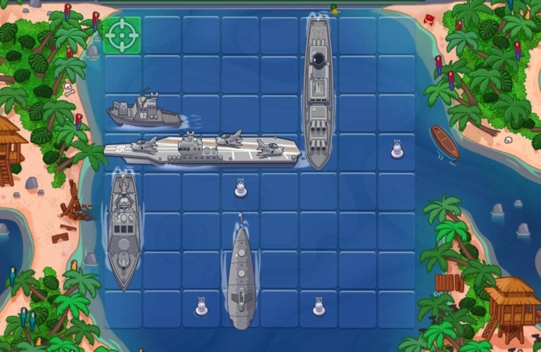 Submarine and naval ships top-down battleship game with islands and boats scene.