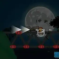 Explosive sniper attack game on a bridge at night with moonlight, targeting enemies with sniper rifle.