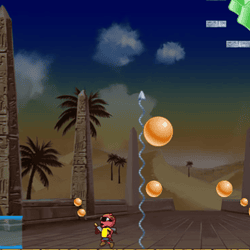 1. Retro arcade game with a cartoon character dodging bouncing balls against an ancient Egyptian backdrop.