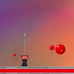 Colorful sky with floating red balls and a pink pig in a hat on a platform.