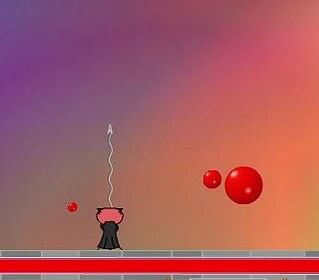 Colorful sky with floating red balls and a pink pig in a hat on a platform.