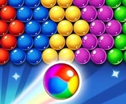 Colorful bubble shooter game with rainbow spheres for fun and challenge.
