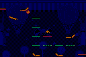 Colorful balloon-themed arcade game with swinging paddles and flying objects.