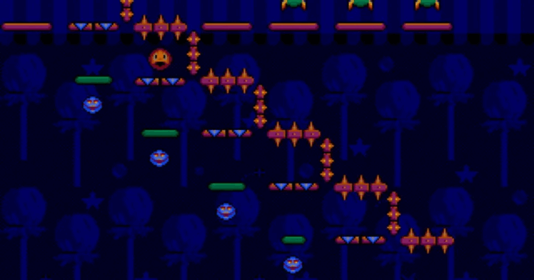 Colorful pixelated platformer game with cute characters and obstacles.