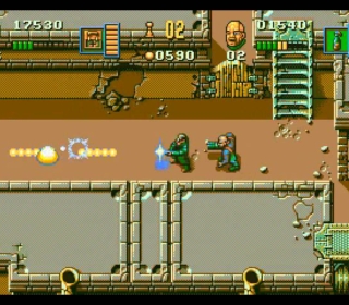 Dual arcade shooter gameplay with pixel art graphics and retro style.