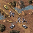 Pixelated terrain and soldier units in classic RTS style.