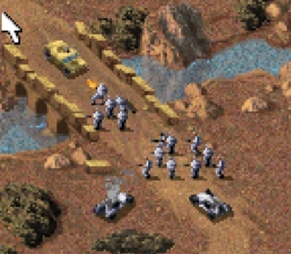 Pixelated terrain and soldier units in classic RTS style.